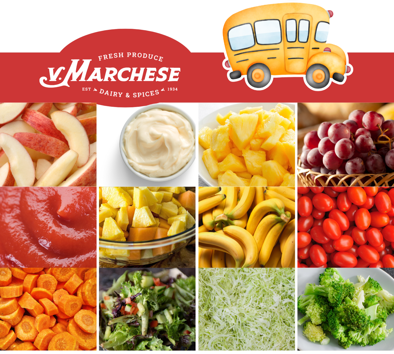 “Fresh produce for school cafeterias” “Sliced apple gala wedges for school lunches” “V. Marchese fresh broccoli snacks” “Healthy school lunch produce options”